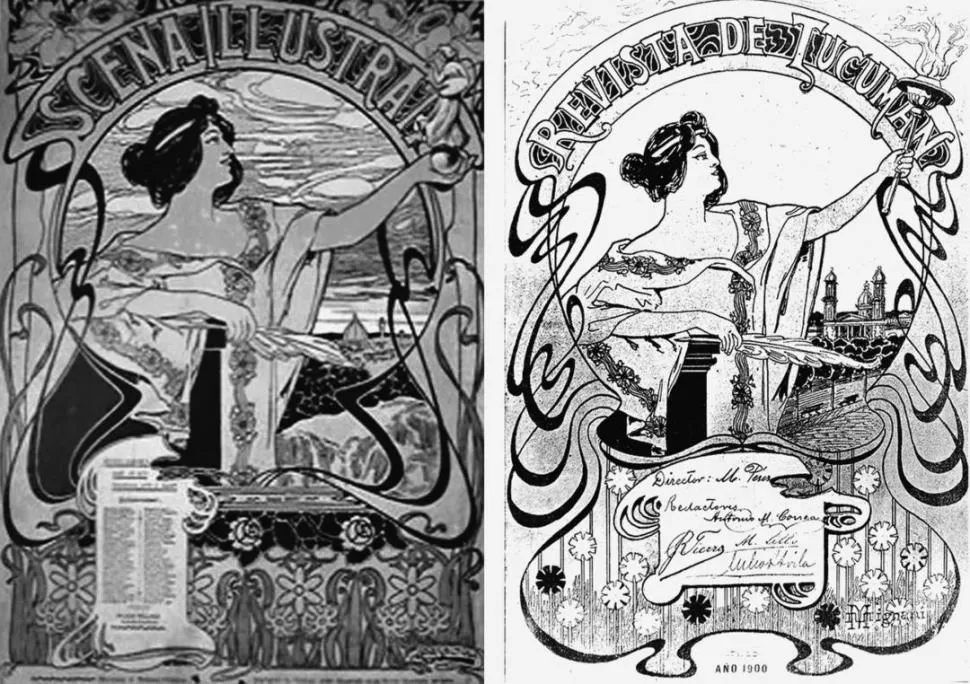 TAPAS GEMELAS. Portadas de “Scena Illustrata”, obra de Carlo Casaltoli y de “Revista de Tucumán”, obra de Manuel Mignani. 