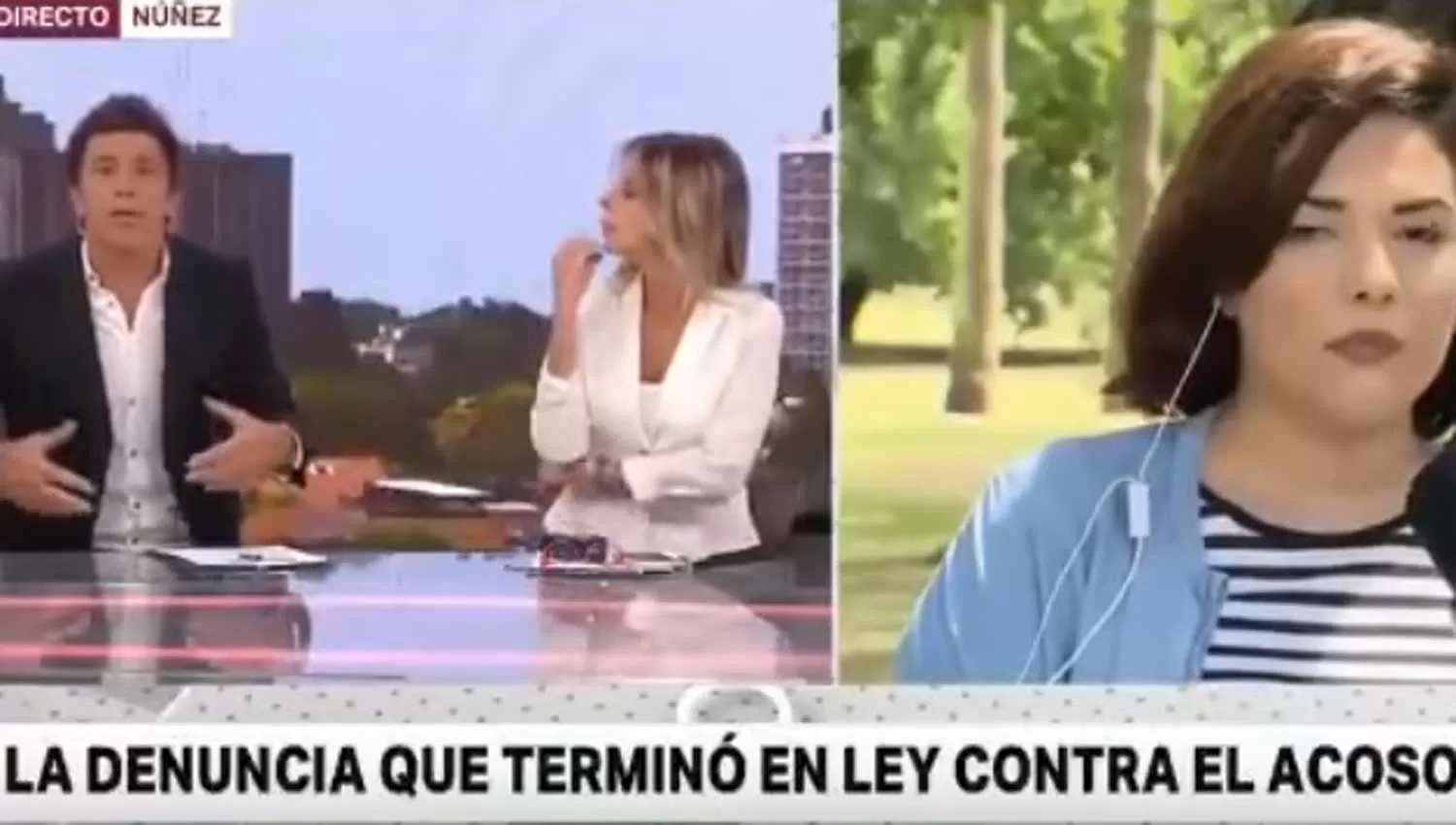 MALA PREGUNTA. En pleno noticiero, el conductor Nicolás Repetto insistió con hablar de la forma de vestir de las mujeres que son acosadas. (CAPTURA)