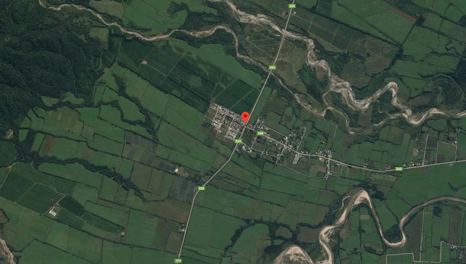El punto rojo señala la localidad de Las Sosas. Cerca de la ruta que atraviesa a esta localidad encontraron el cuerpo sin vida de la mujer. (Captura de pantalla de Google Maps)
