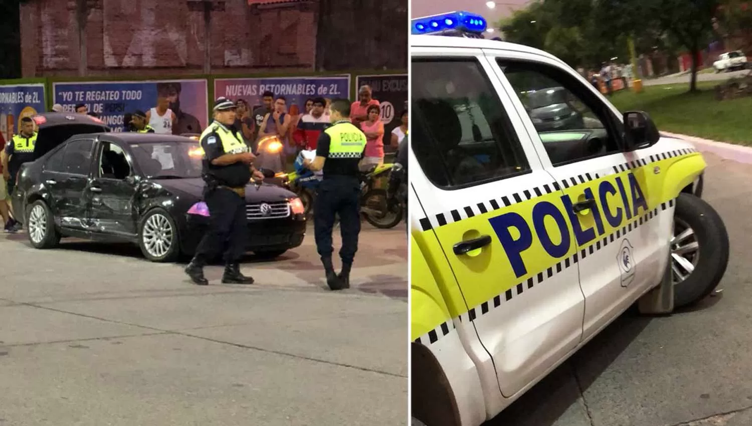 DESTRUIDOS. El auto quedó chocado en su costado izquierdo mientras que la camioneta de la Policía terminó con una rueda rota. FOTO ENVIADA POR UN LECTOR