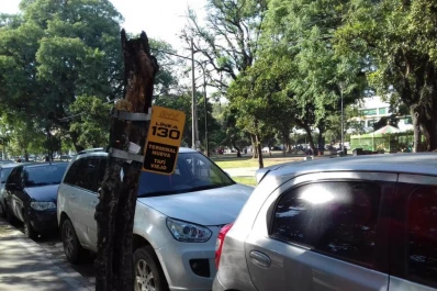 Un cartel atado a un tronco