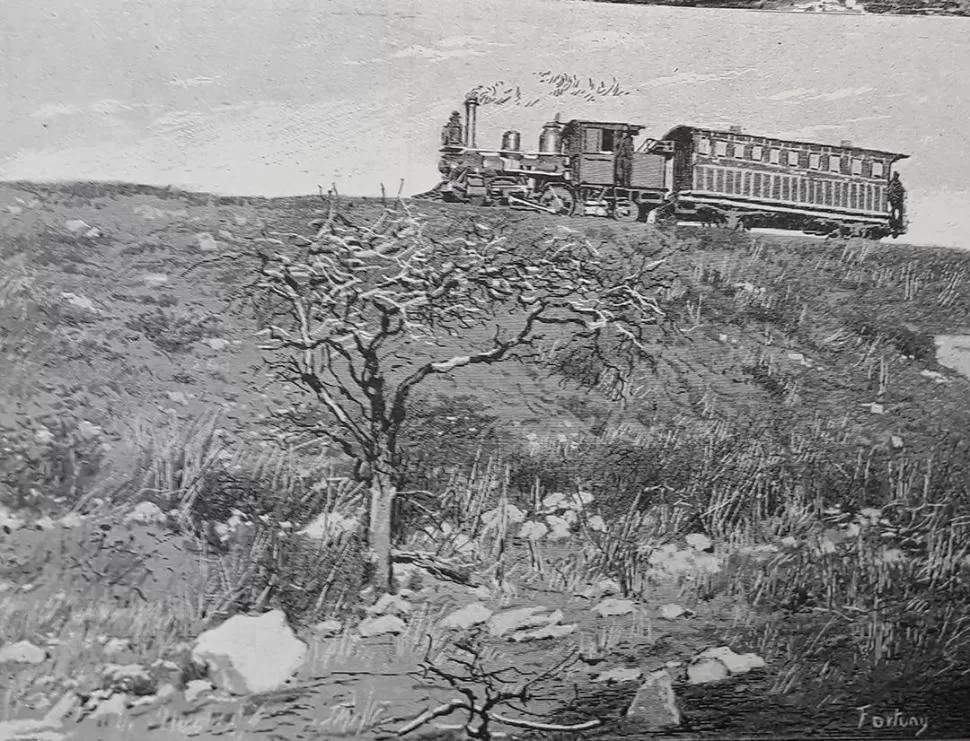 LA LOCOMOTORA. Durante un viaje a Tucumán, la registra este grabado de Fortuny, a fines del siglo. 