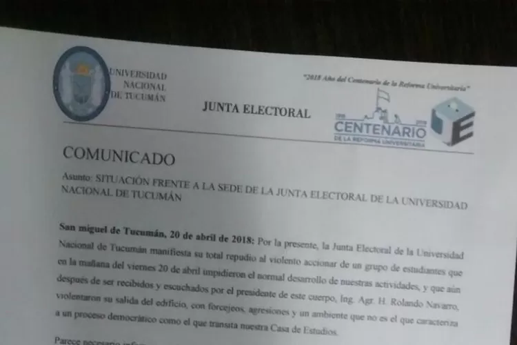 COMUNICADO. A través de esta carta, la Junta Electoral repudió el accionar de los estudiantes. FOTO ENVIADA A LA GACETA. 