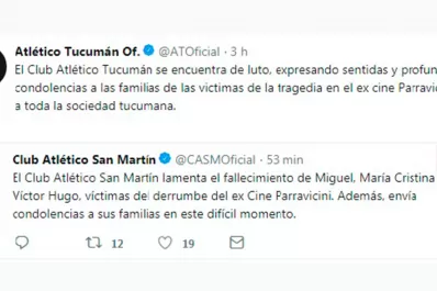 San Martín y Atlético expresaron sus condolencias por el derrumbe