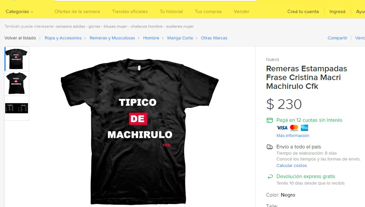 SE VENDEN POR INTERNET. Las remeras con la frase de Cristina. (MERCADO LIBRE)