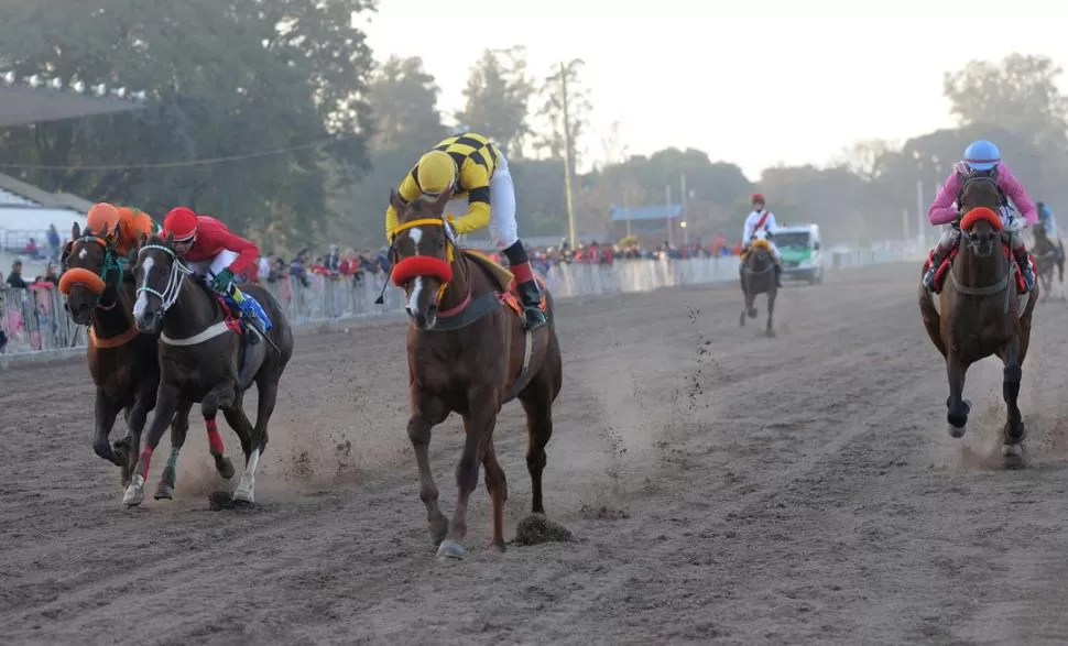 RUMBO A LA VICTORIA. Binary Code ya dejó atrás a sus rivales y va en busca de la victoria en la prueba principal que se corrió ayer en el hipódromo tucumano. LA GACETA / FOTO DE ANTONIO FERRONI