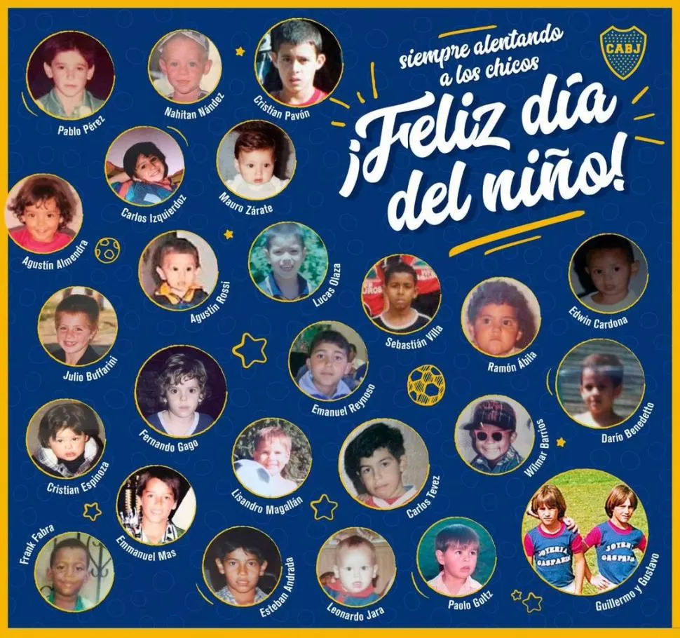 FELICES LOS CHICOS. Vía Twitter, Boca saludó a los chicos en su día subiendo una foto en la que aparecen los jugadores del plantel siendo niños.  prensa Boca Jr