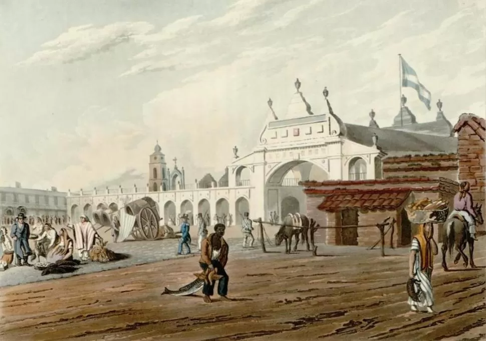 ANTIGUO BUENOS AIRES. La recova de la Plaza Mayor, hacia la época en que sesionaba el Congreso trasladado desde Tucumán. 