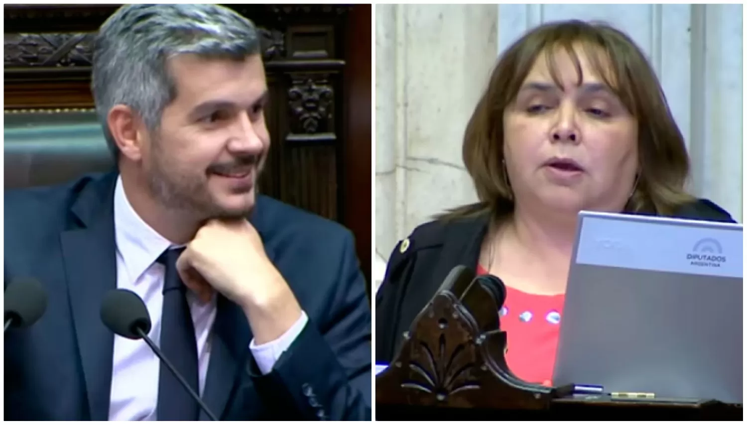 MARCOS PEÑA Y ARACELI FERREYRA. La reacción del jefe de Gabinete ante el saludo.