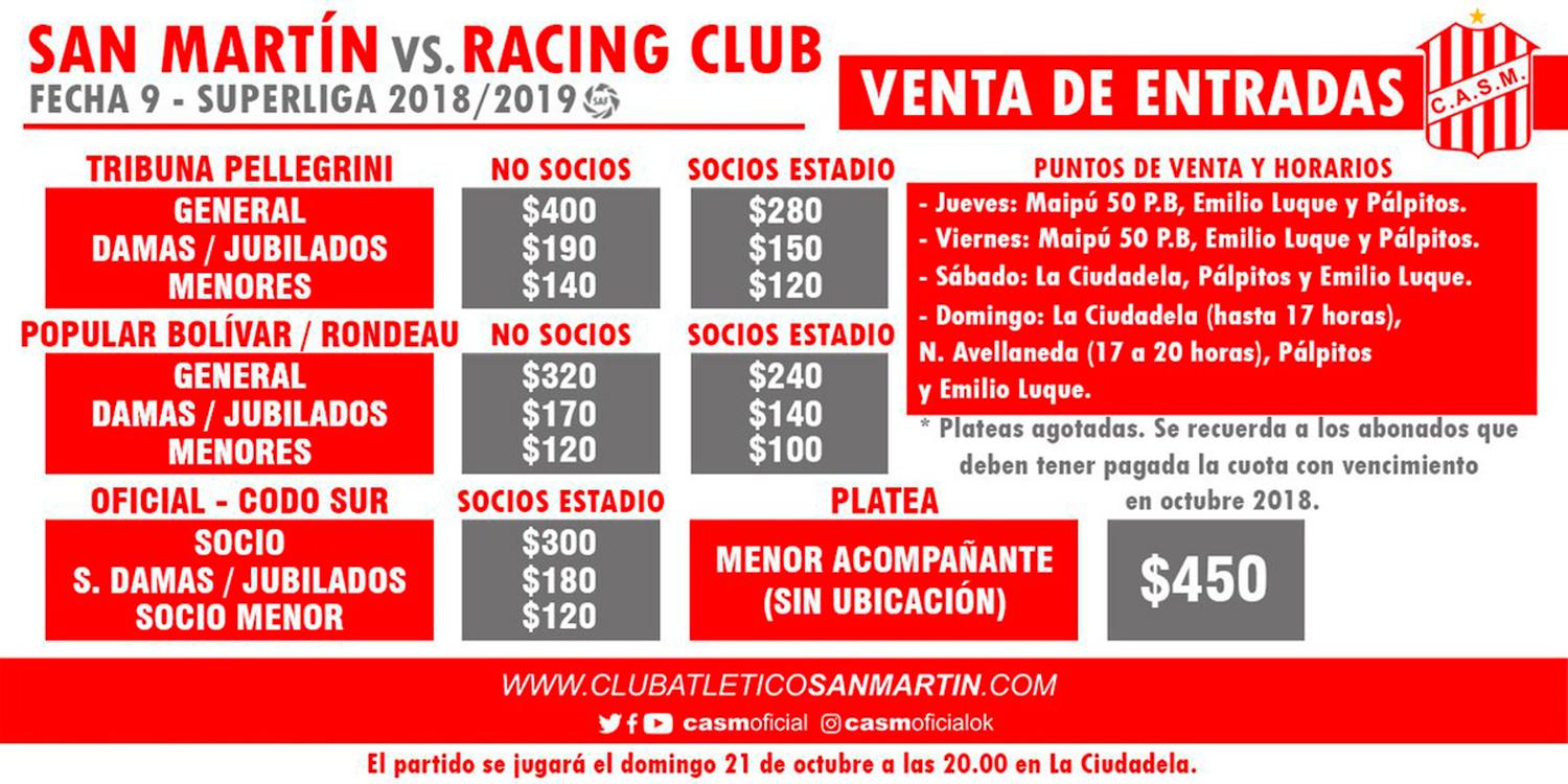 Comenzó la venta de entradas para ver a San Martín ante el líder Racing