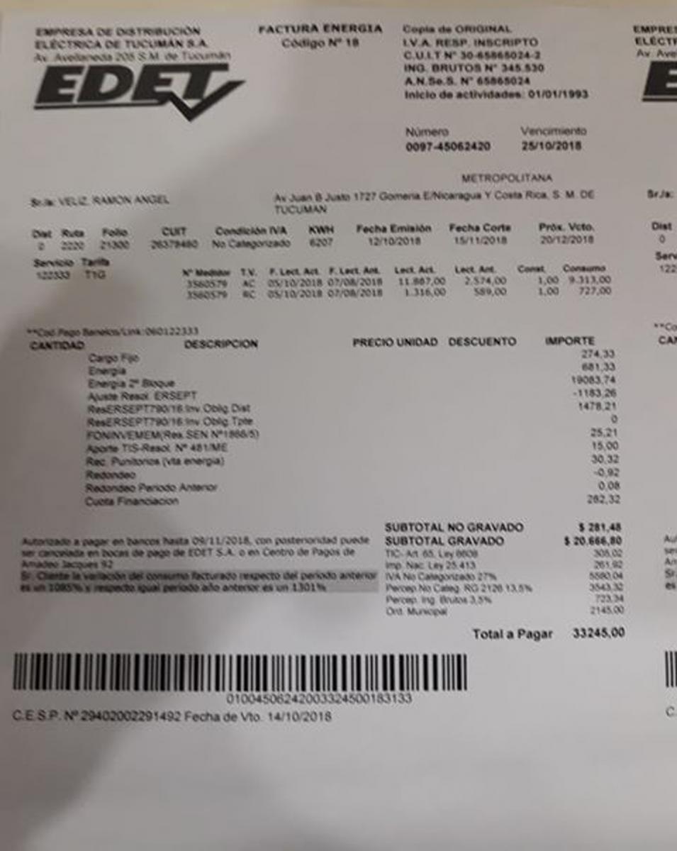 Tiene una pequeña gomería y le llegó una boleta de luz de $33.245