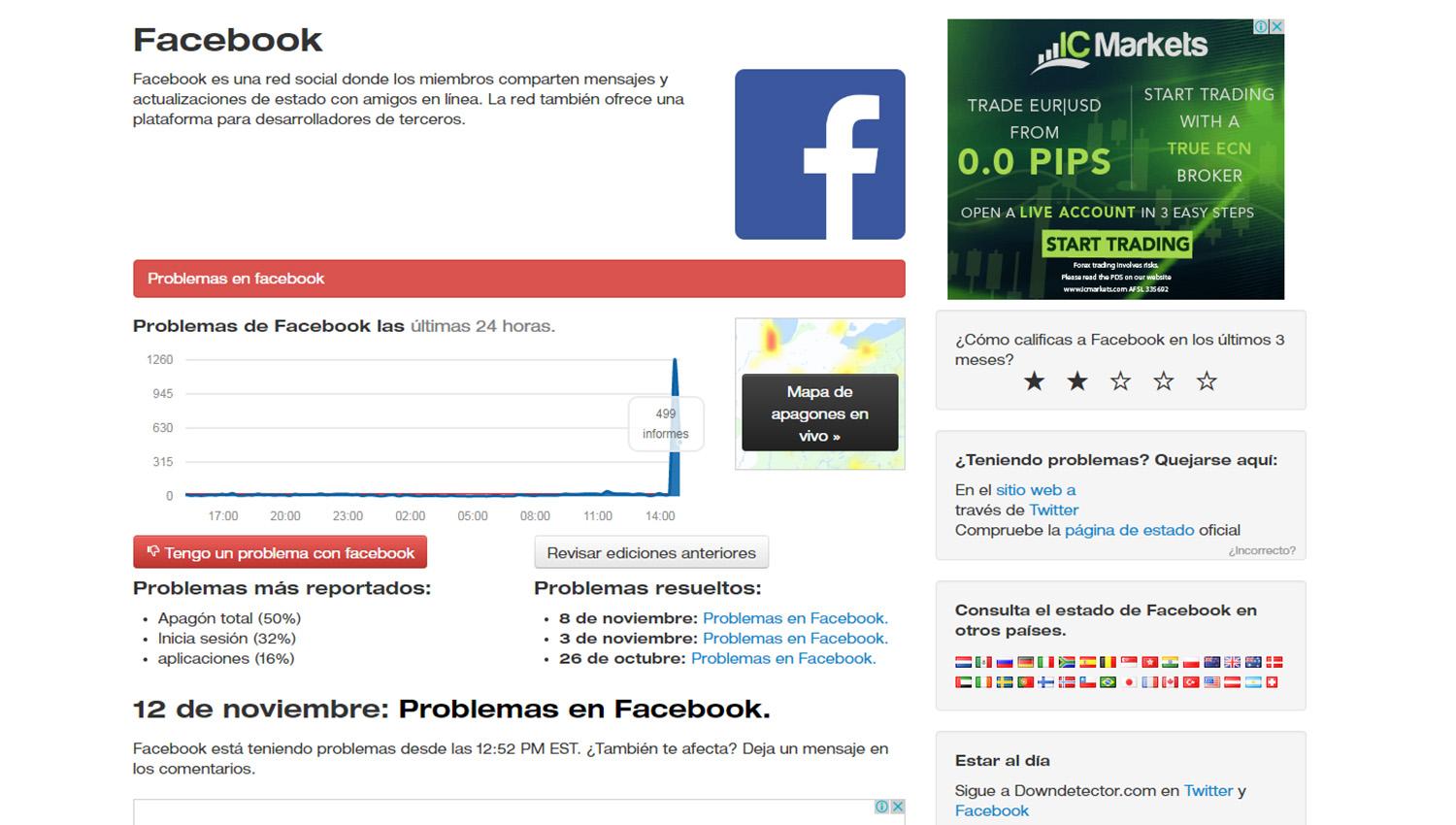 Captura de pantalla del portal Downdetector.com