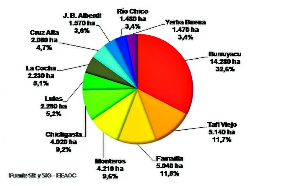 FIGURA 1. El diagrama muestra la distribución departamental del área con cítricos de dos y/o más años de implantados en Tucumán, en el año 2018. 