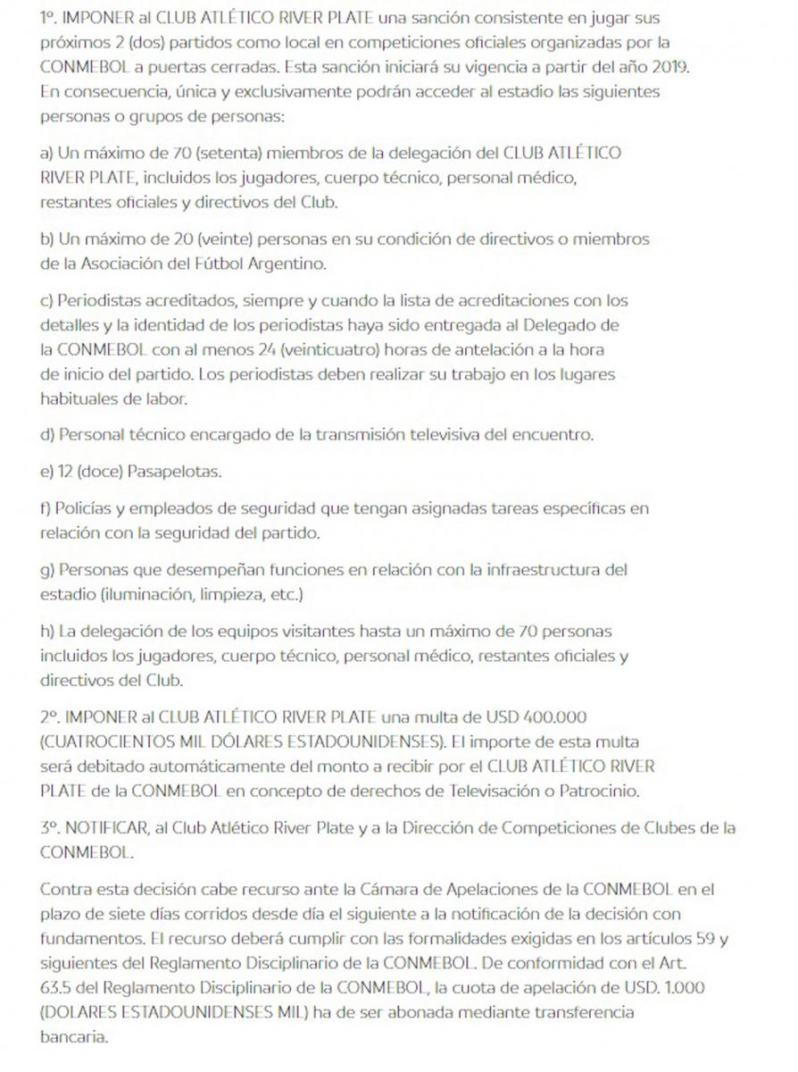 La sanción de Conmebol a River: sólo dos partidos a puertas cerradas y multa económica