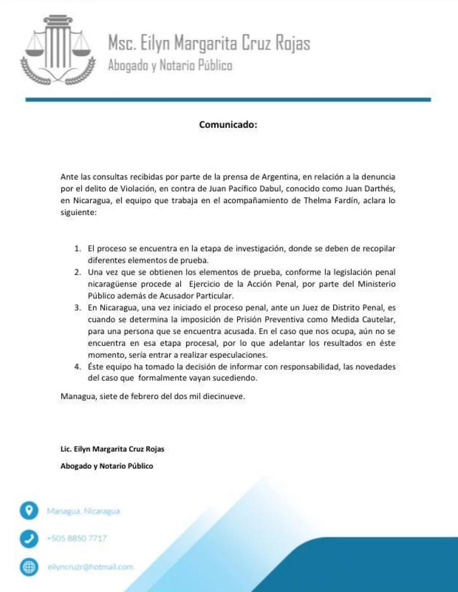 COMUNICADO. La abogado de Fardin explicó porqué el actor no va ser encerrado.