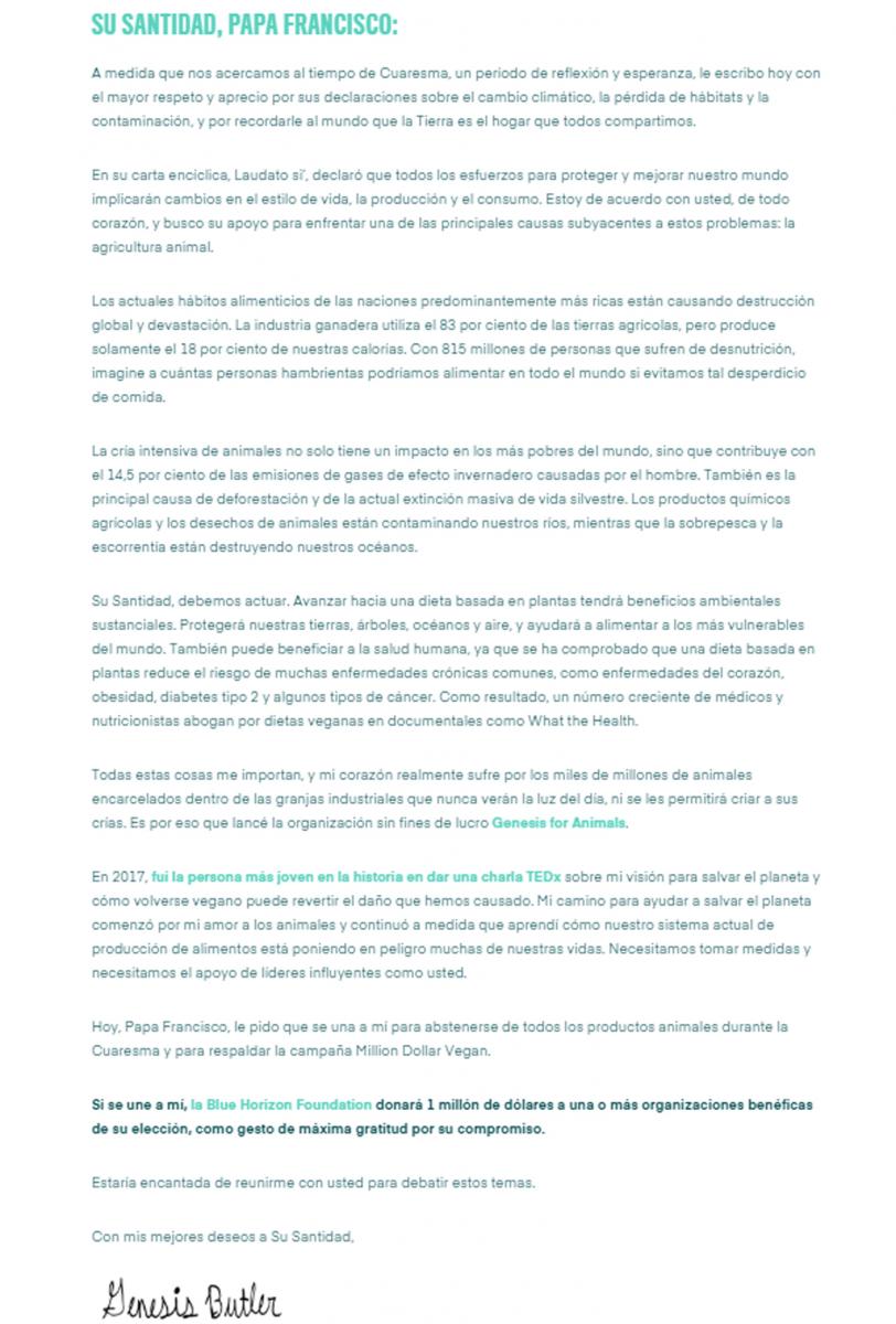 LA CARTA. Una niña de 12 años pidió al Papa Francisco que los acompañe en su campaña del veganismo.