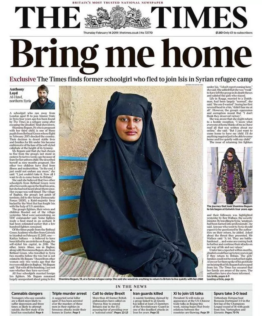 “LLÉVENME A CASA”. El pedido de Begum en la tapa de The Times.   