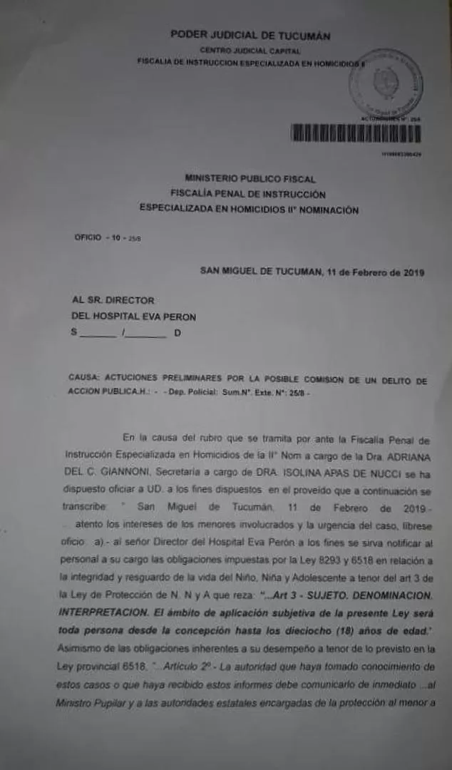 PÁGINA 1 DEL OFICIO 10/19. Facsímil del instrumento que envió Giannoni.  