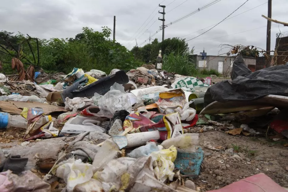 RESIDUOS DOMÉSTICOS. Botellas de plástico, cajas de vino, pañales, ropa, cartón; todo parte del paisaje cotidiano en el barrio Nicolás Avellaneda IV. 