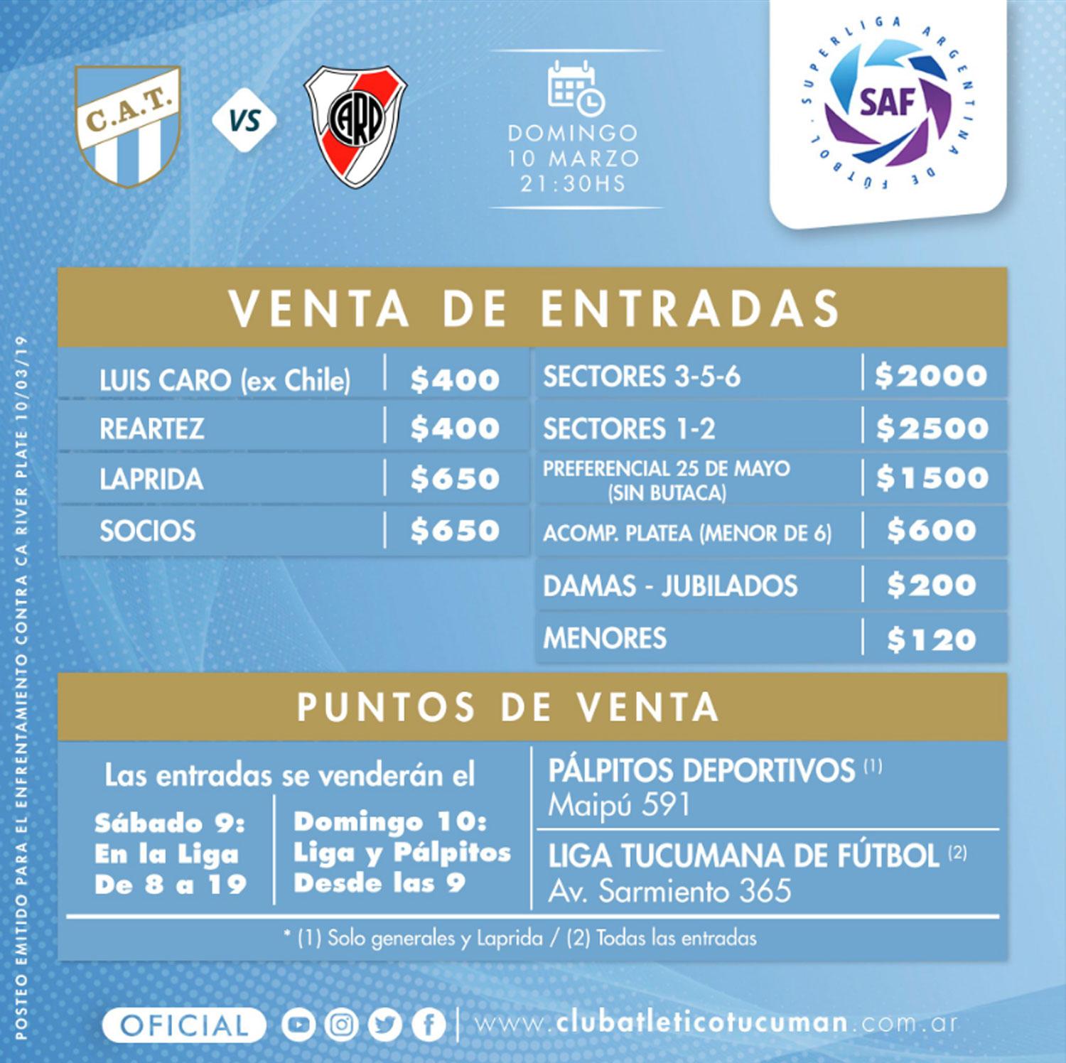 Los precios de las entradas para Atlético-River irán desde $ 400 a $ 2.500