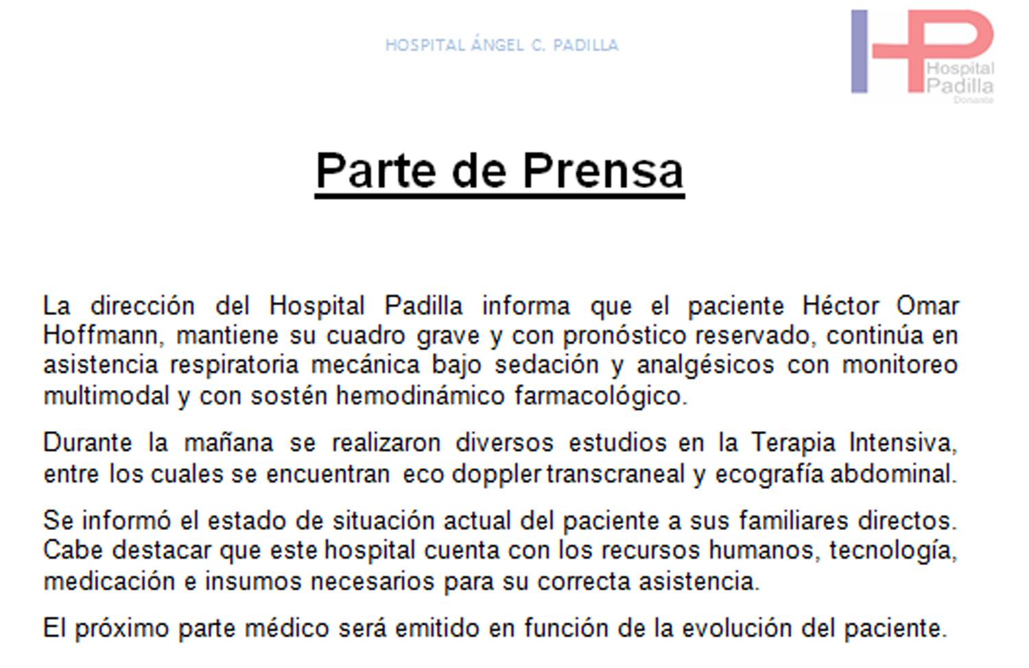 PARTE MÉDICO. El parte actualizado este mediodía.