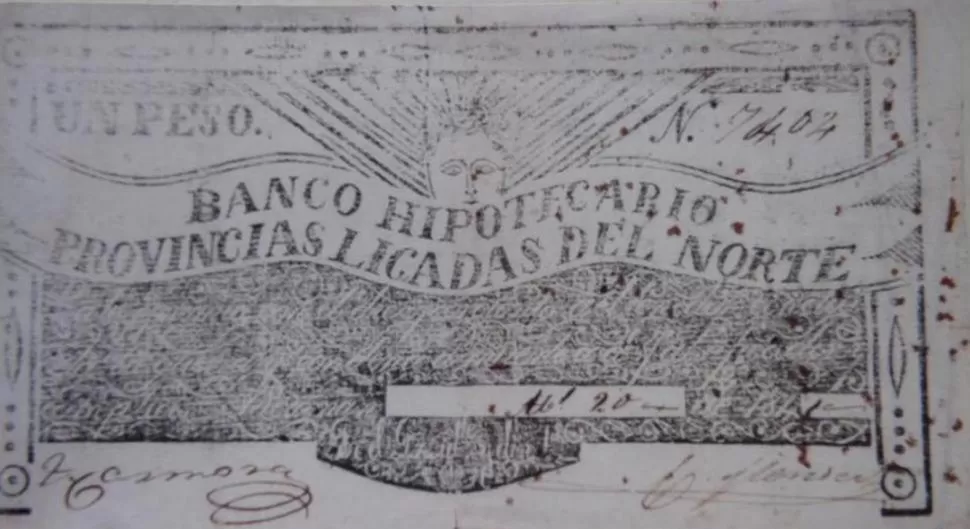 BILLETE DE UN PESO. Los imprimía el “Banco Hipotecario de las Provincias Ligadas del Norte” y era obligación aceptarlos. 