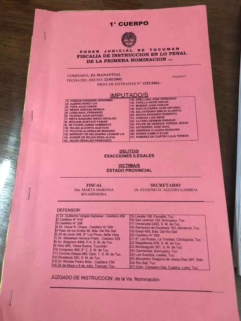 ÚLTIMA CARÁTULA. El primer cuerpo de la causa con 24 iniciada en 2002.