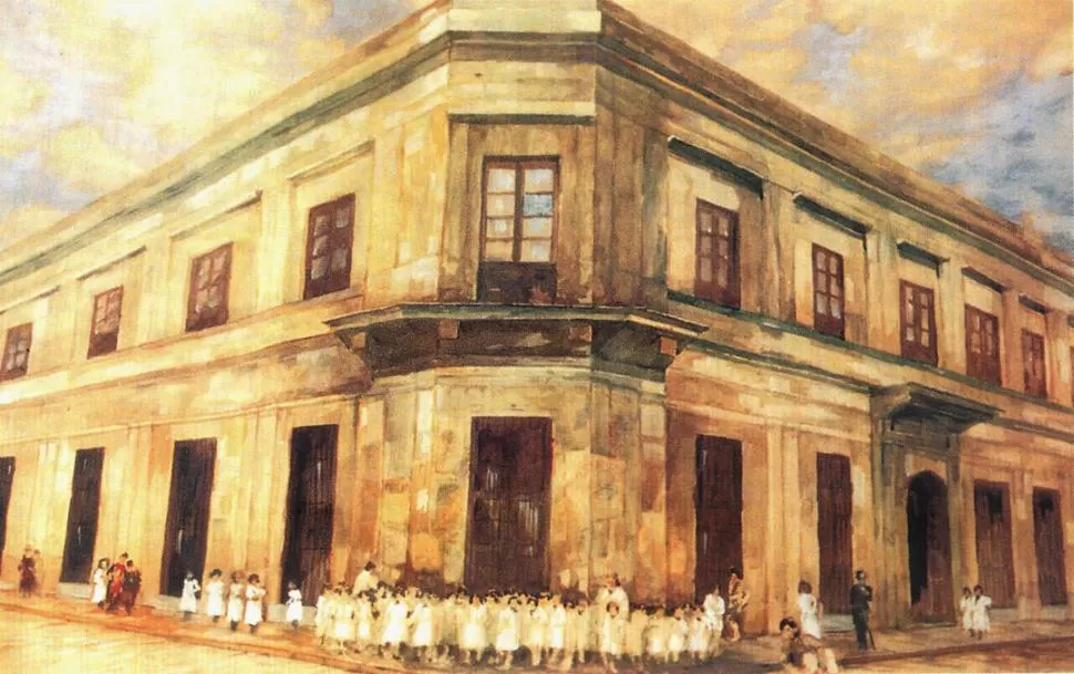 LA VIEJA ESCUELA NORMAL. Una témpera de Juan M. Belcuore, ejecutada en base a una antigua fotografía. 