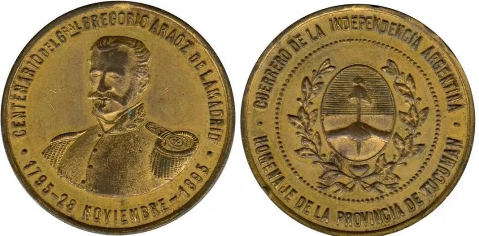 GREGORIO ARÄOZ DE LA MADRID. Medalla acuñada por el Gobierno de Tucumán con motivo del centenario del nacimiento, en 1895. 