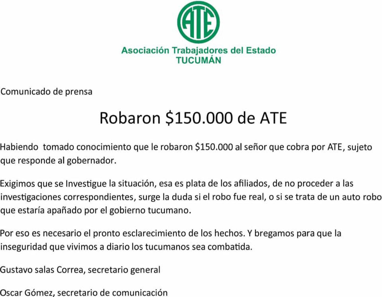 Robaron $ 150.000 que correspondían a afiliados de ATE