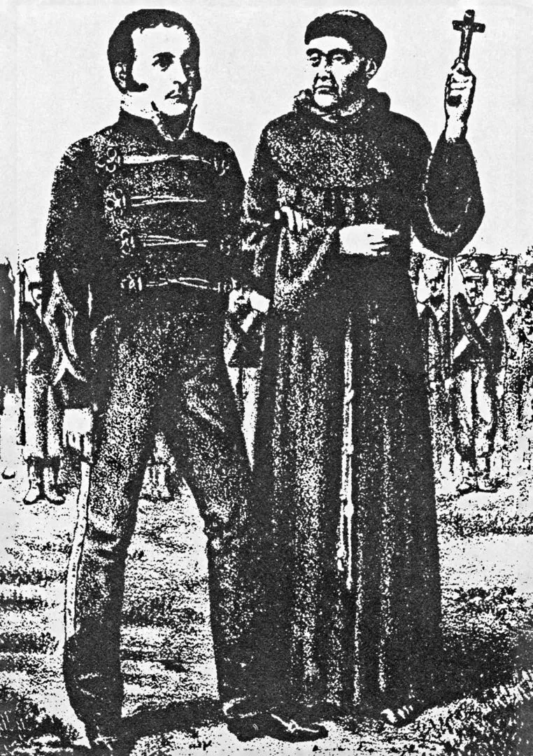 RUMBO A LA MUERTE. Manuel Dorrego marcha a enfrentar su fusilamiento, acompañado por el clérigo Castañer, según un antiguo dibujo. 