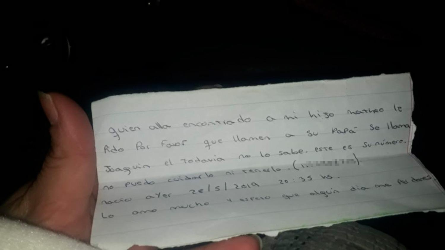 La carta que dejó la madre del recién nacido.