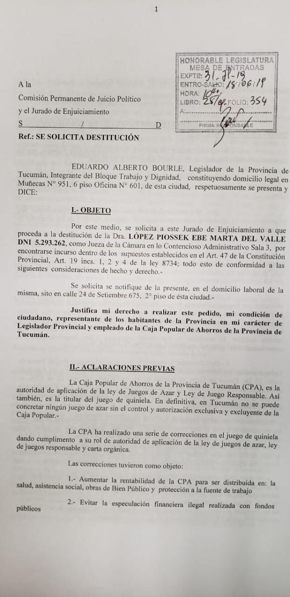 El legislador Bourlé pide la destitución de la jueza Ebe López Piossek