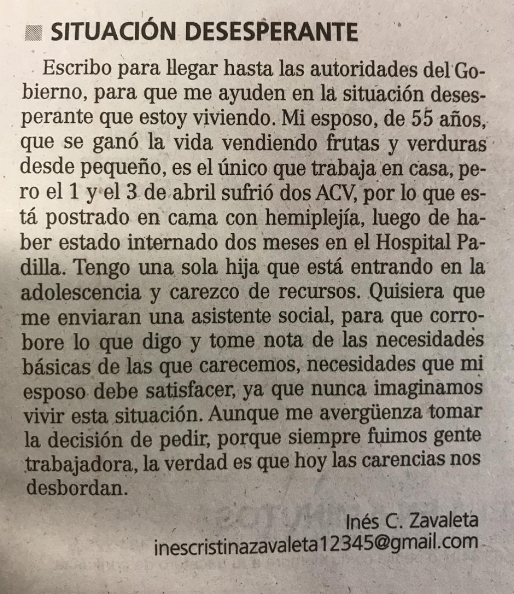 La carta que publicó Inés en LA GACETA de hoy.