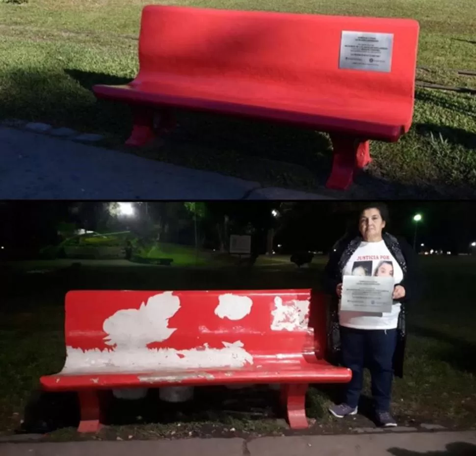 ANTES Y DESPUÉS. Escrito y sin placa. Banco del parque 9 de Julio.  