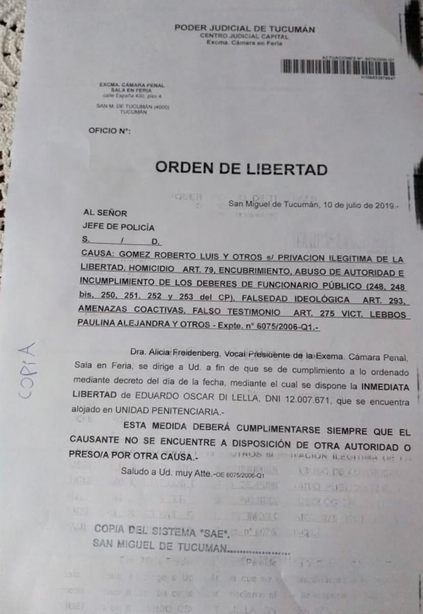 Caso Lebbos: ordenaron la libertad de Eduardo Di Lella