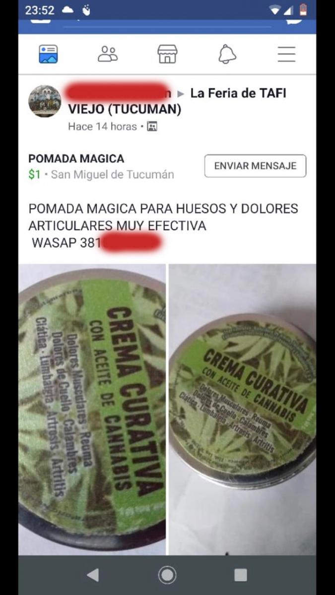 EN FACEBOOK. En las redes sociales se comercializa una pomada que, según anuncia, contiene aceite de cannabis.