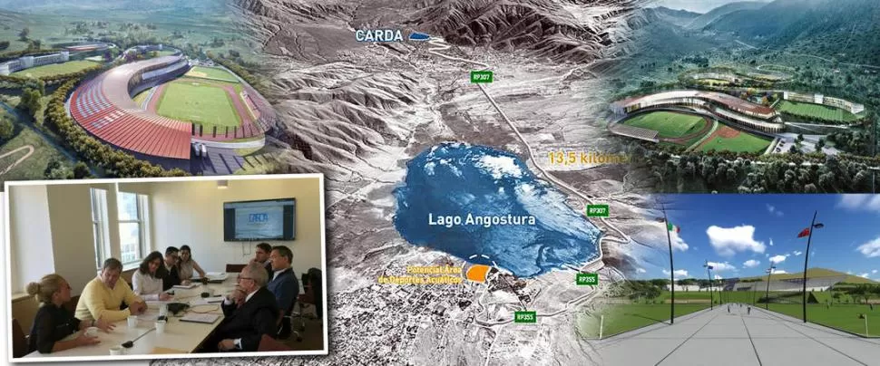 TRABAJOS. Las representaciones computarizadas del Carda muestran un complejo impactante. En 2016 un grupo se reunió con Pelli (primero a la derecha); entre ellos Nofal y Anselmi (primeros, a la izquierda) 