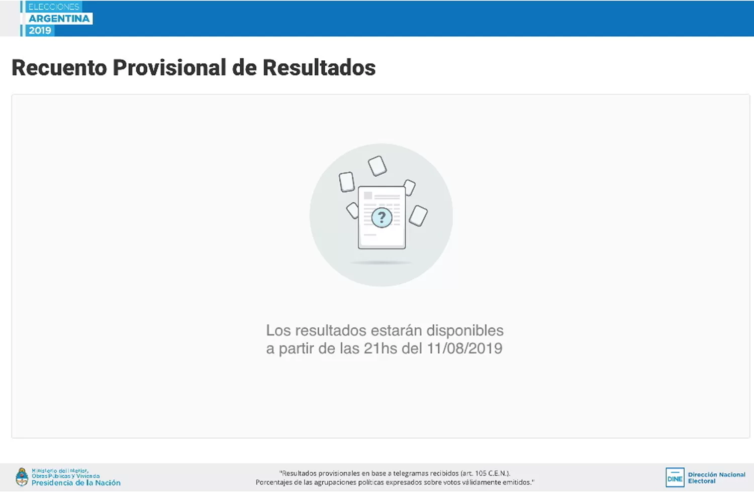 PAGINA CAIDA. El mensaje que mostraba la pagina que debía dar los resultados de las PASO, a las 22.30