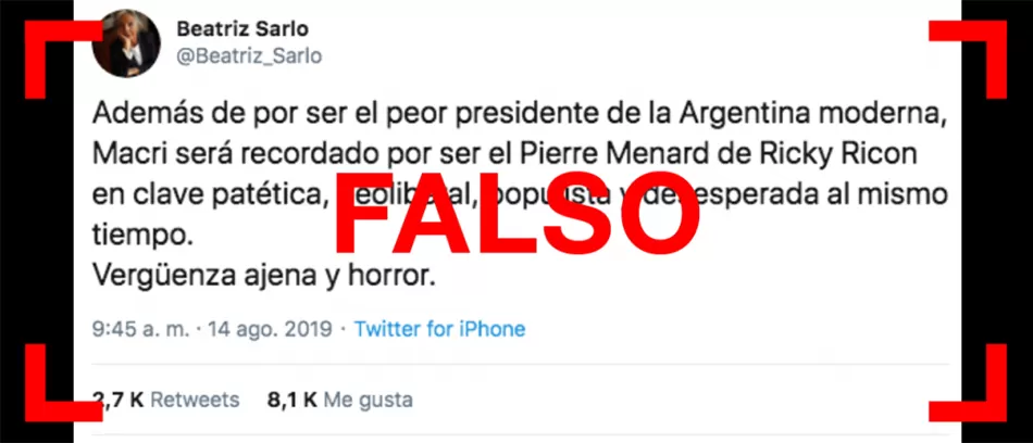 El tuit de la cuenta fake que usa el nombre de la ensayista