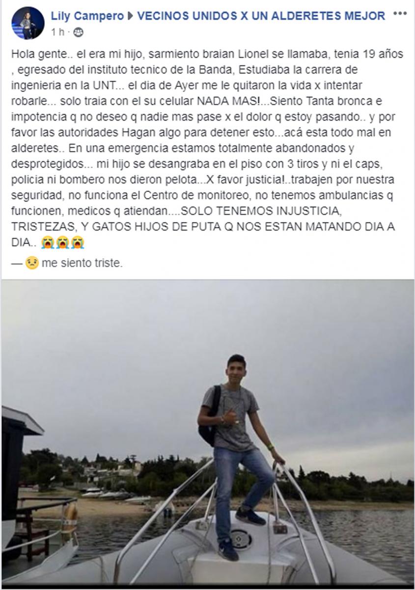 La carta de la madre del joven asesinado en Alderetes: mi hijo se desangraba en el piso