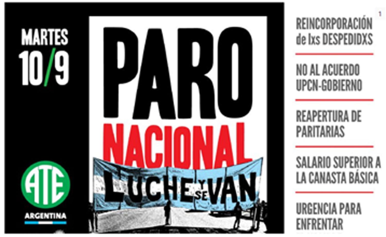 ATE anunció un paro nacional para el 10 de septiembre