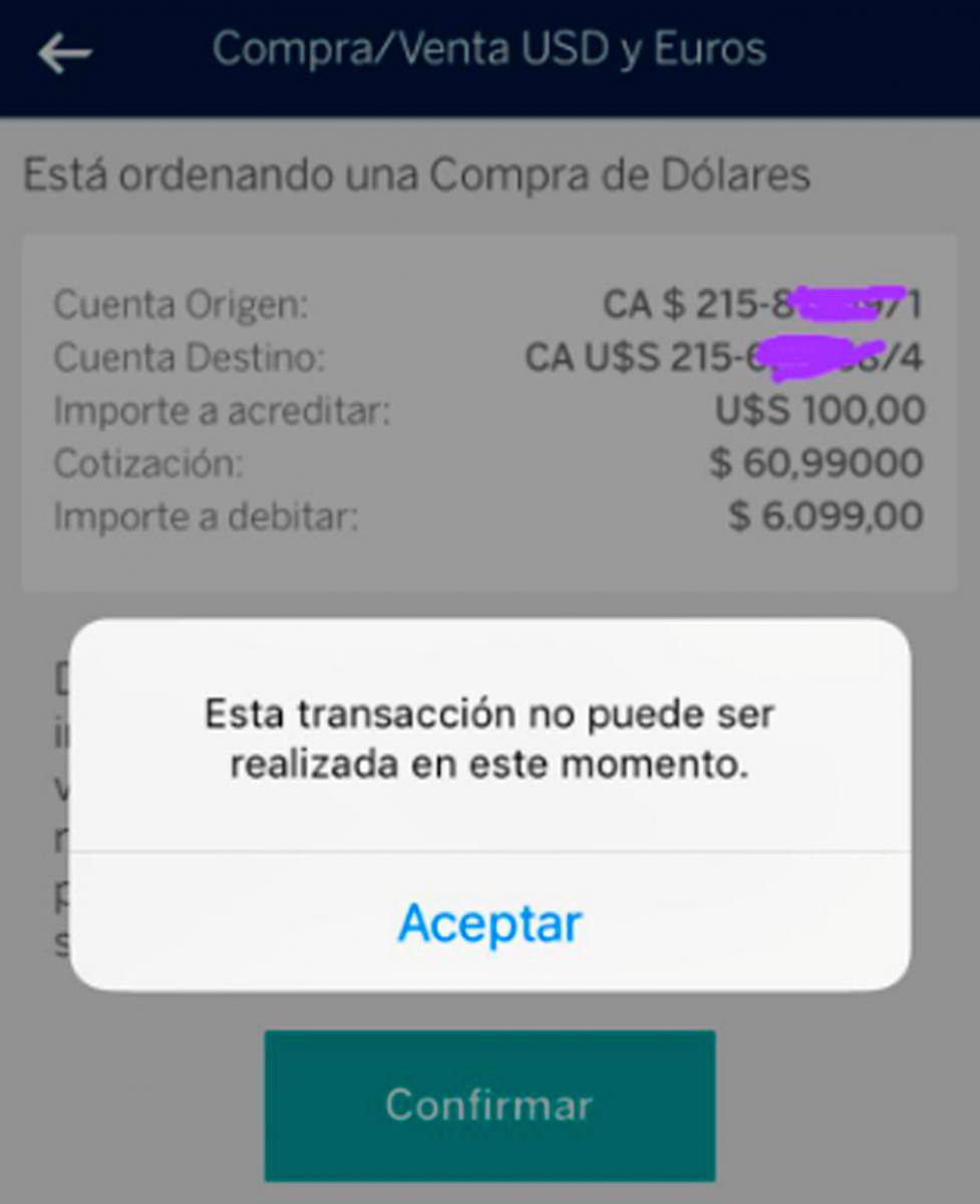 COMPRA DÓLARES. El sistema móvil no permitió concretar la operación.