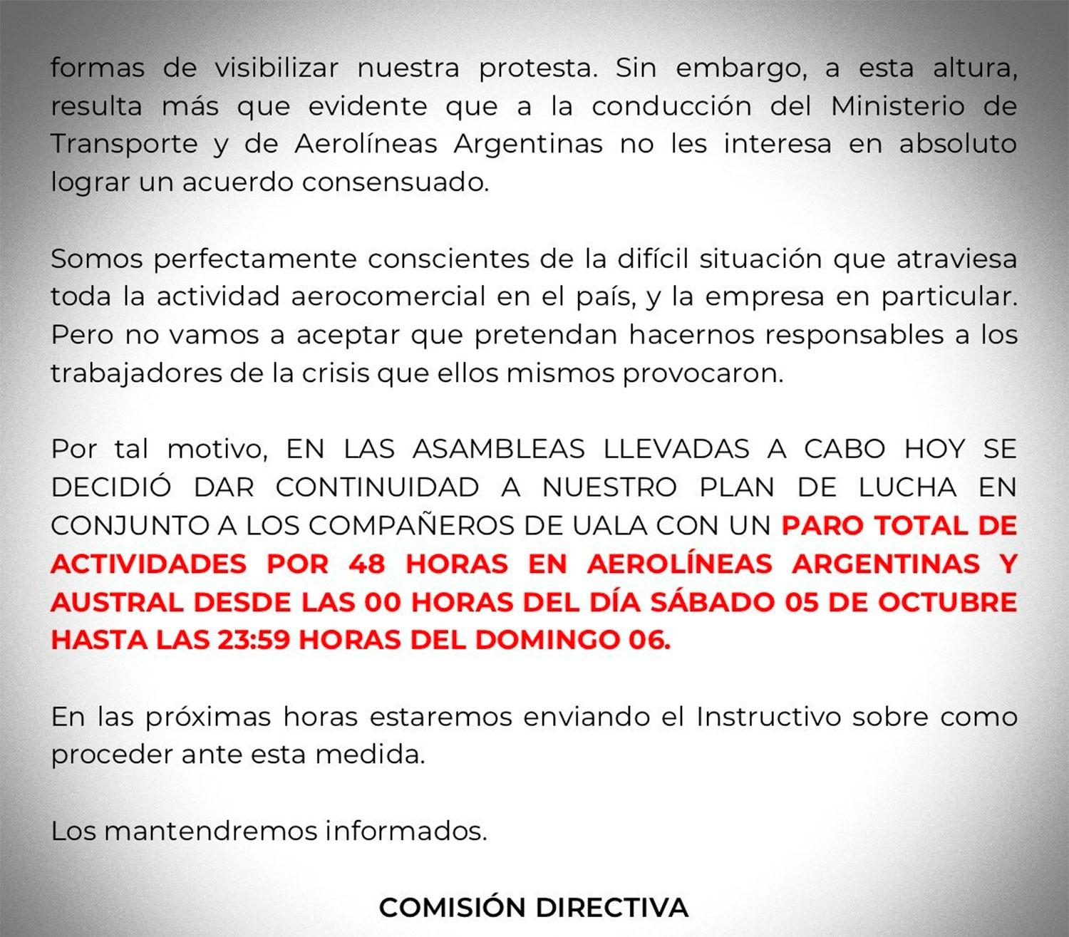 Por un paro, no habrá vuelos de Aerolíneas Argentinas el fin de semana