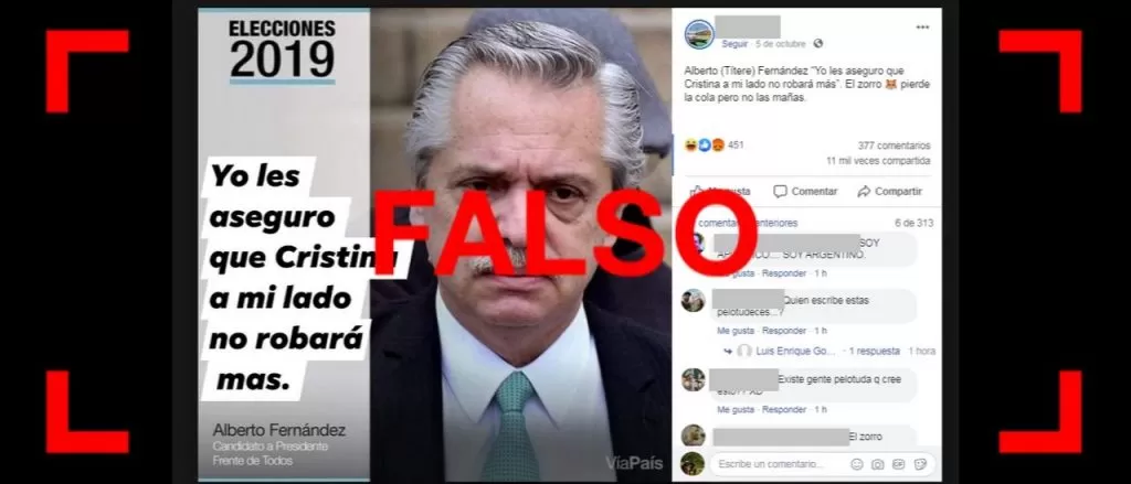 Es falsa la imagen donde Alberto Fernández dice: “Yo les aseguro que Cristina a mi lado no robará más”