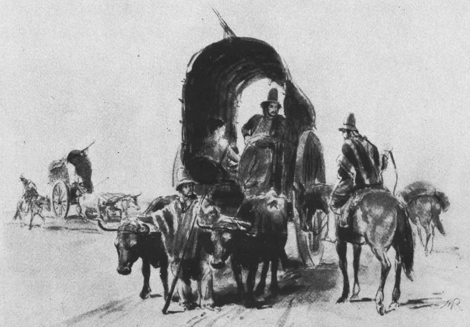 CARRETAS. Los antiguos vehículos, muchos de ellos fabricados en Tucumán, en un dibujo de Juan Mauricio Rugendas 