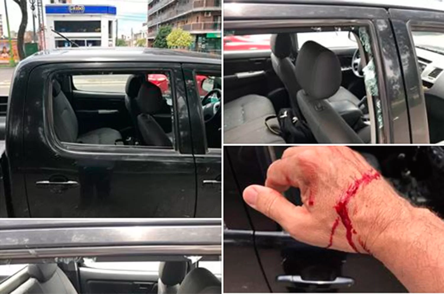 HERIDO. Así quedaron las puertas de la camioneta y la mano de la víctima.
