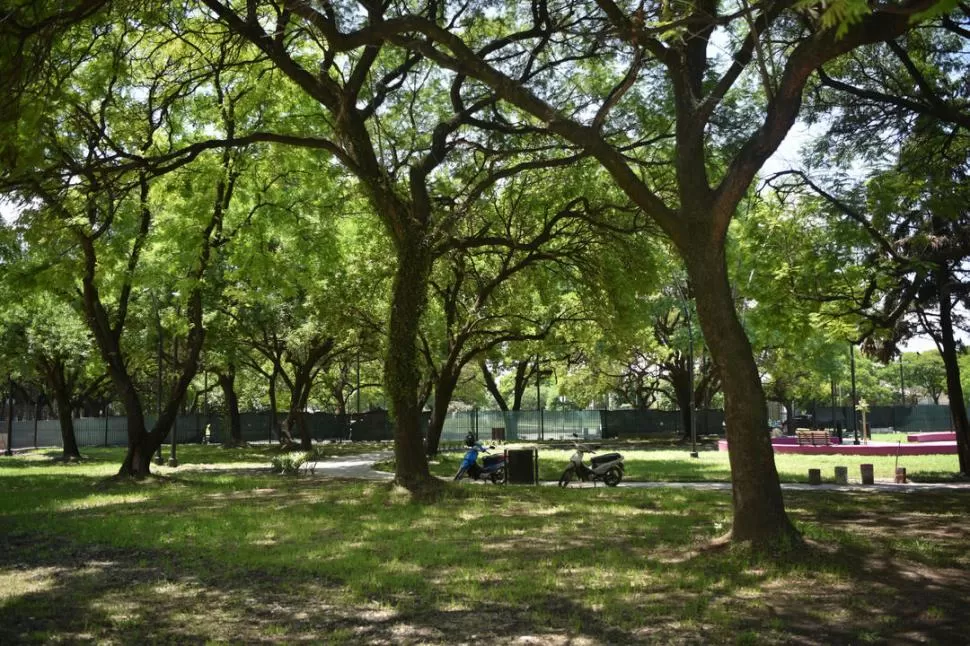 DETALLES DE UN PARQUE DIFERENTE. El parque cuenta con aspersores que se prenden cuando hace calor para humedecer y refrescar el aire (arriba). Esos aspersores están ubicados en un mirador elevado (segunda foto). El parque está rodeado por rejas (tercera foto). Además, posee bancos comunitarios (abajo). Entre el mobiliario también hay mesas de ping pong (izquierda). la gaceta / fotos de inés quinteros orio 