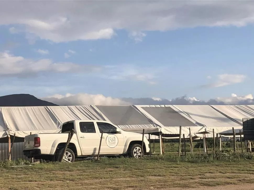 EL MONTAJE DEL BOLICHE. Una camioneta de Recórcholis y las carpas en el predio del km 61 de la ruta 307. 