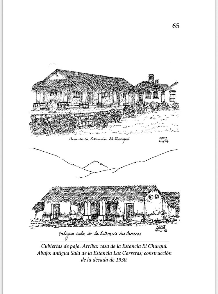 ILUSTRACIONES. Estancias El Churqui y Las Carreras, con techos de paja.